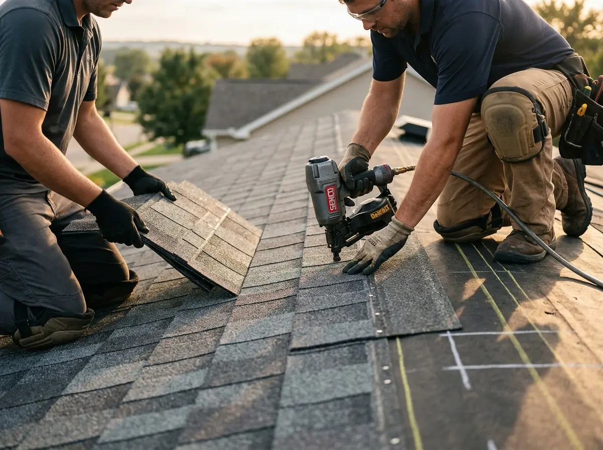 Professional roofer working on a residential roof in Chamblee